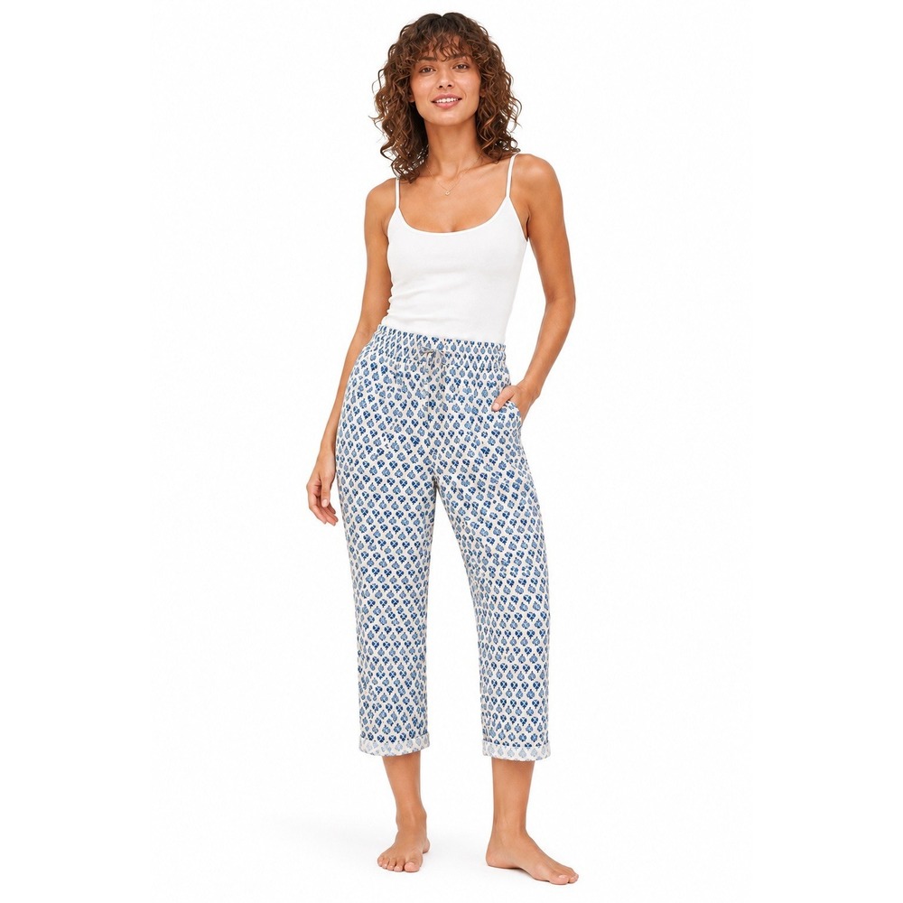J. Crew Floral Print Linen Blend Pull On Ankle Pants Blue White Size 14
